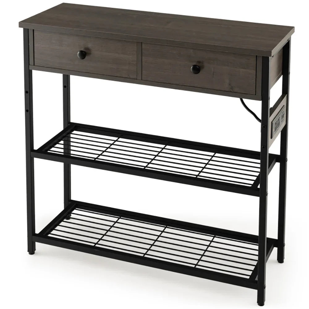 Canddidliike Narrow Console Table with 2 Drawers and 2 Metal Mesh Shelves-Gray