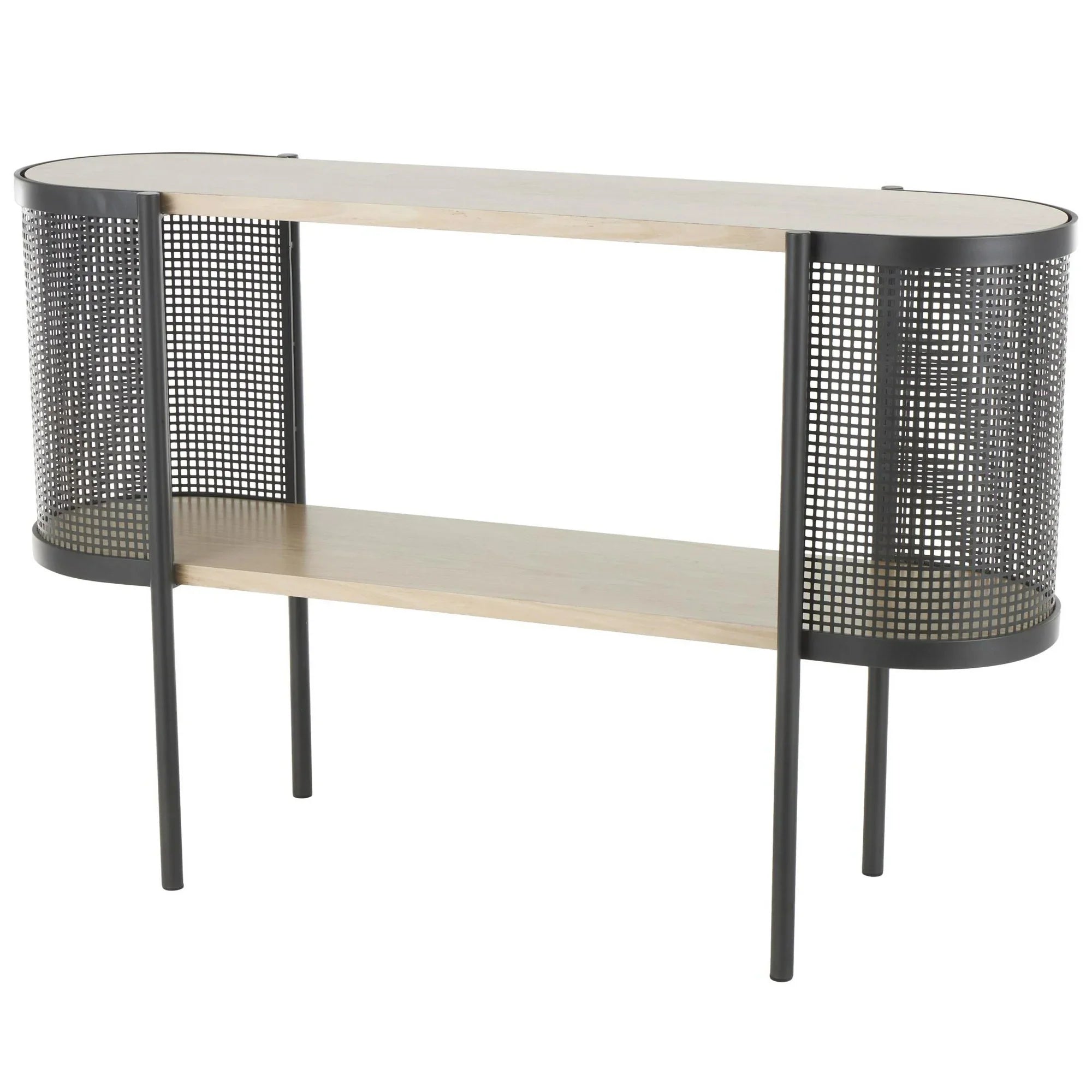 Console Table with Mesh Side Panels and Brown Wood Tabletop, 1-Piece