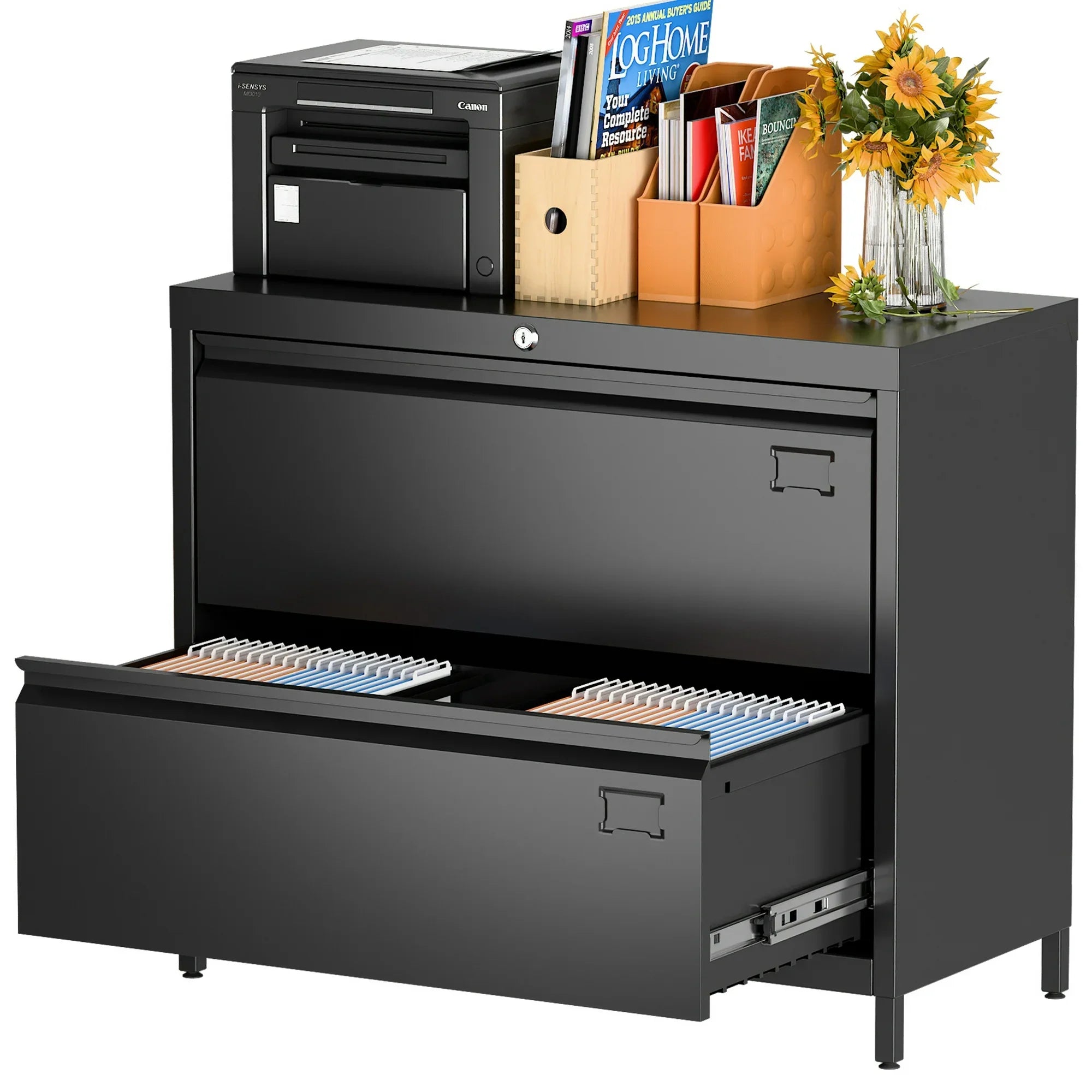 GangMei Black Metal Lateral File Storage Cabinet with 2 Drawers