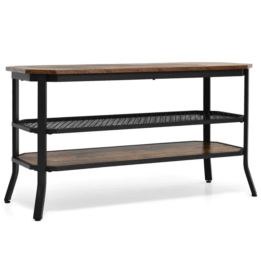 Resenkos 3-tier Console Table TV Stand with Mesh Storage Shelf-Rustic Brown
